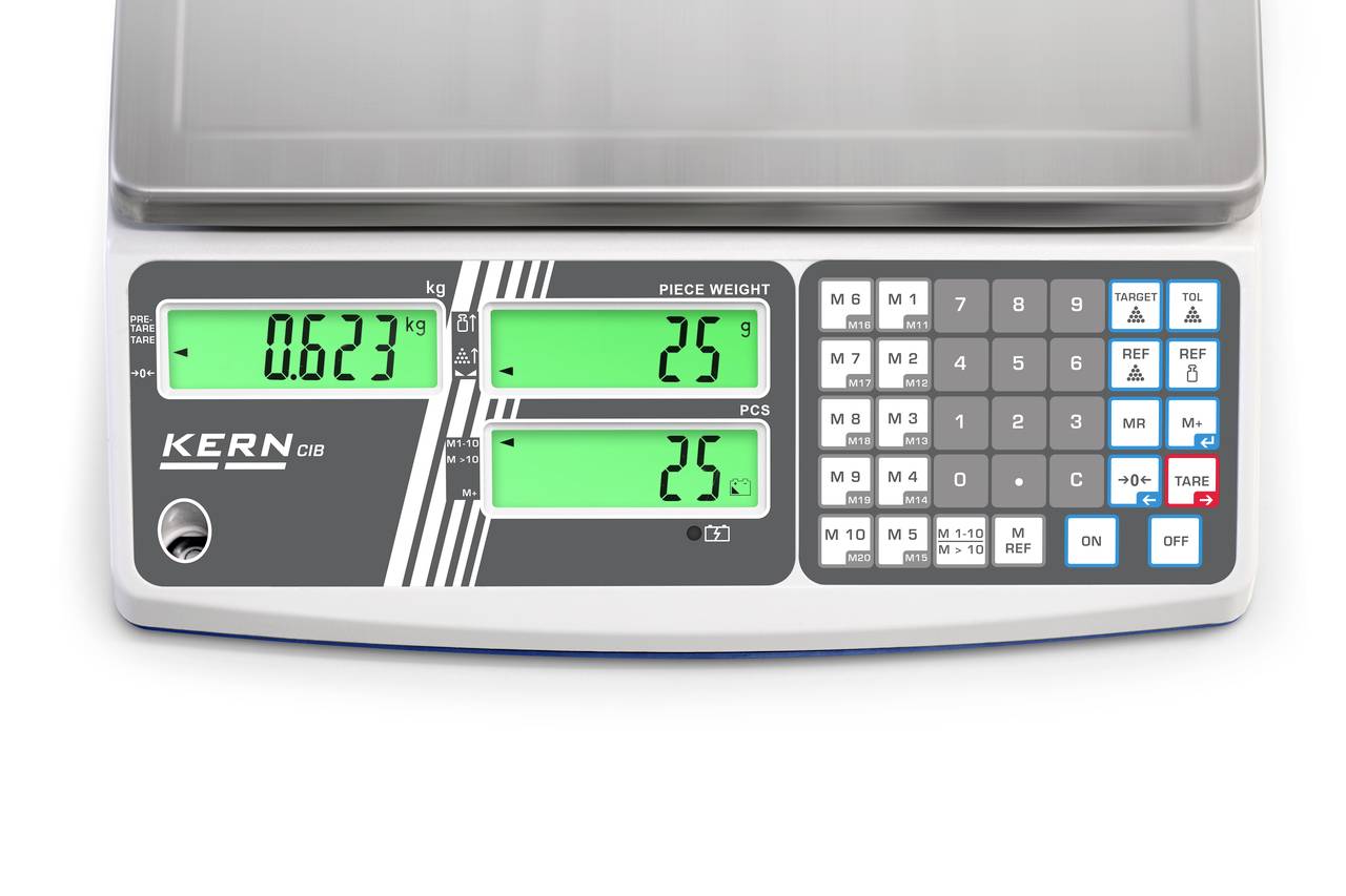 Eine digitale Waage mit Display zeigt '0,623 kg' Gewicht und '25' als Menge an. Rechts daneben befinden sich Funktionstasten.
