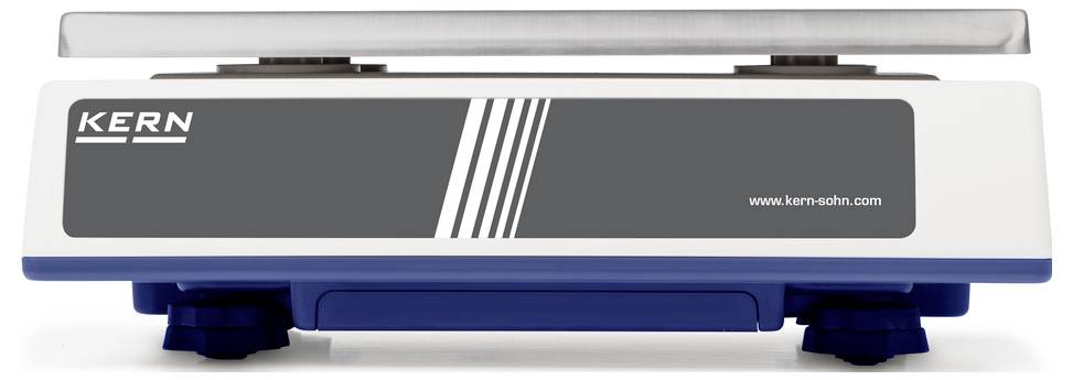 Eine elektronische Waage der Marke Kern mit blauer Basis und grauem Display.