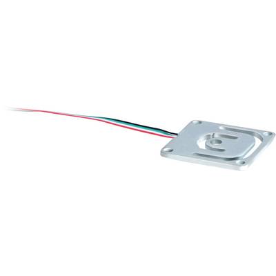 Flacher quadratischer Kraftsensor aus Metall mit vier Bohrungen, zeigt rote, grüne und schwarze Anschlussdrähte.