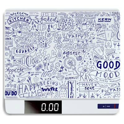 Eine Küchenwaage mit einem dekorativen, blau-weißen Zeichnungsmuster und Schriftzügen wie 'Good Mood' und 'Organic'.