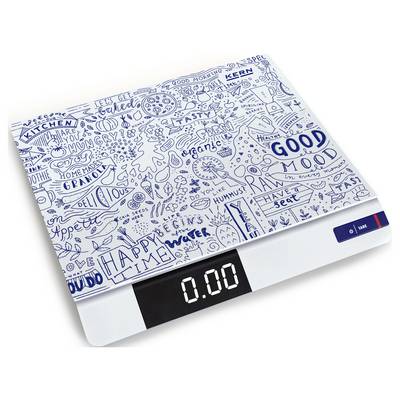 Digitale Küchenwaage mit blau-weißem Design und handgezeichneten Schriftzügen und Symbolen. Zeigt 0,00 auf dem Display an.