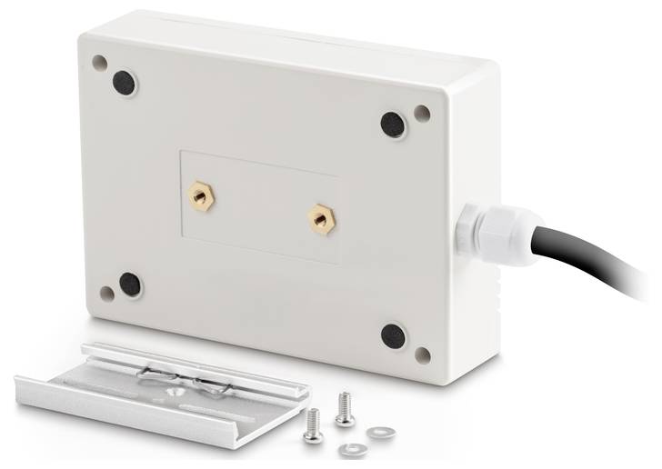 Rückseite eines weißen elektronischen Geräts mit Kabelanschluss, vier Schraubenlöchern und Zubehör wie Schrauben und Halterung.