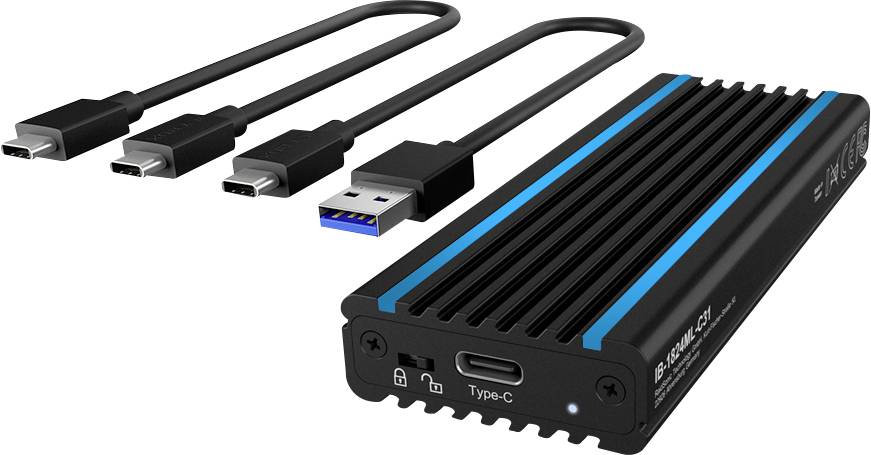 Eine schwarze externe Festplatte mit blauen Streifen und drei Verbindungskabeln (USB-C, Micro-USB, USB-A). Markiert mit 'Type-C'.