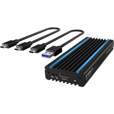 Eine schwarze externe Festplatte mit blauen Streifen und drei Verbindungskabeln (USB-C, Micro-USB, USB-A). Markiert mit 'Type-C'.