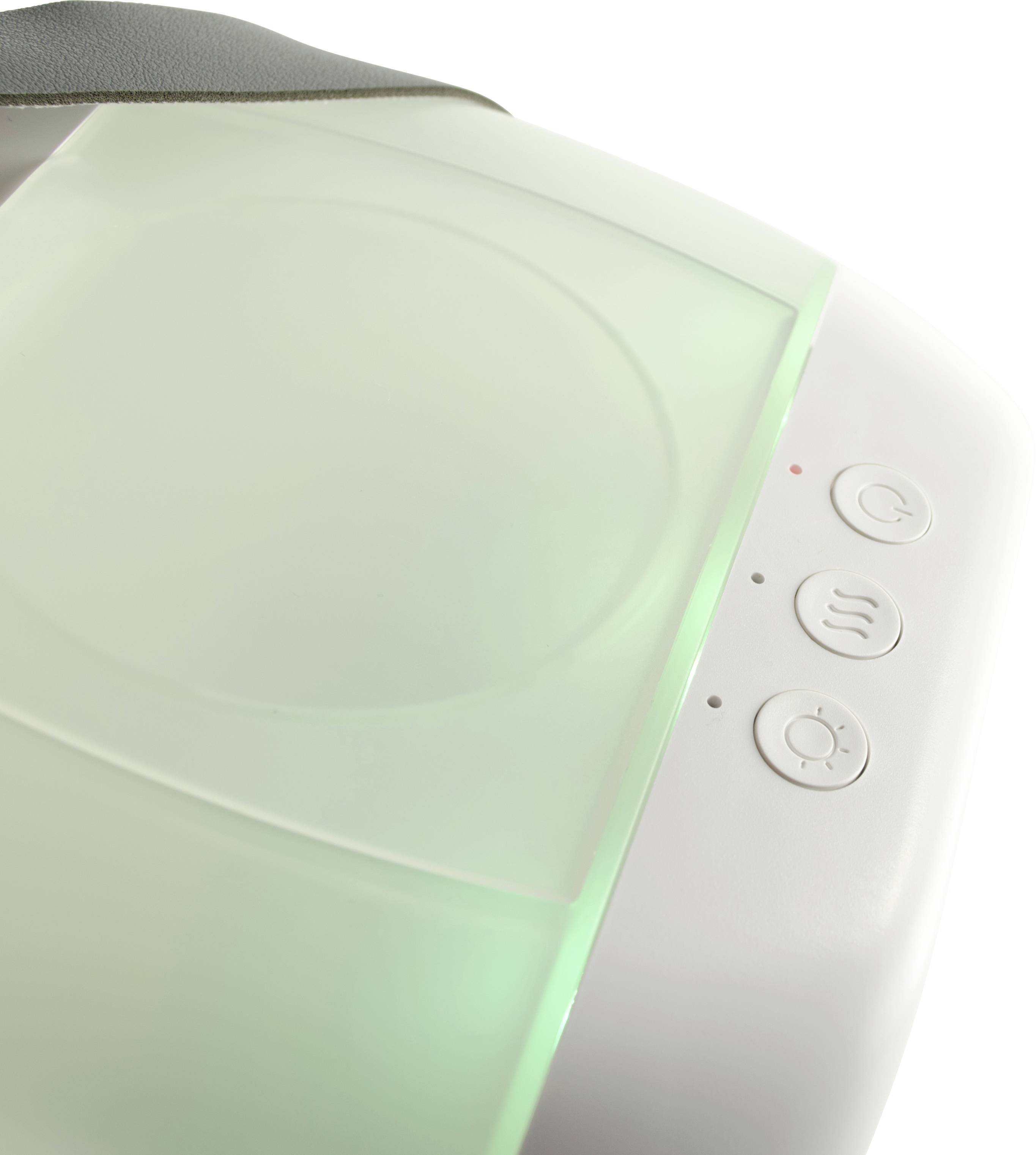 Gerät mit beleuchteter Oberfläche und drei runden Tasten an der Seite. Enthält wahrscheinlich Funktionen zur Bedienung des Geräts.