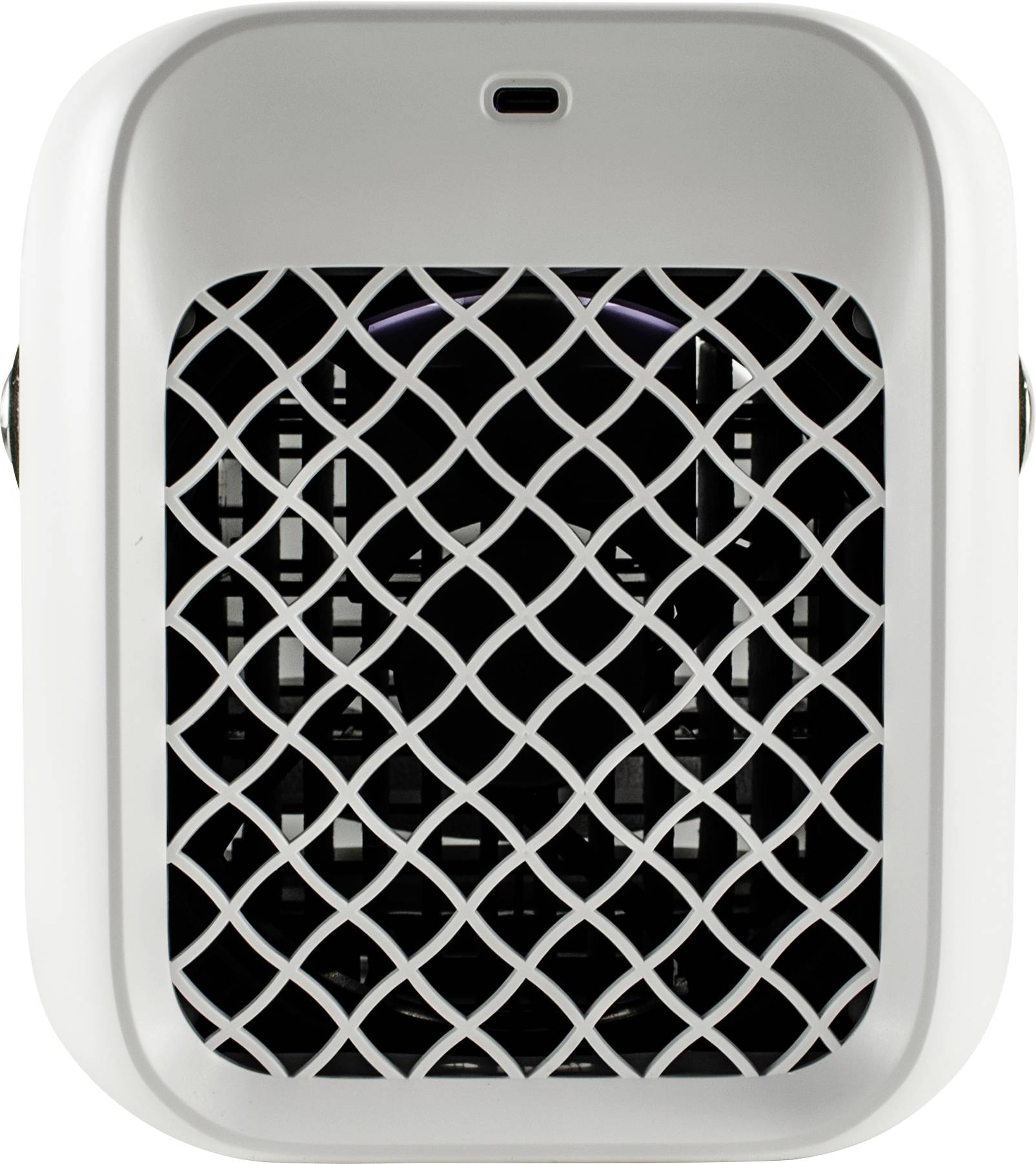 Luftreiniger mit weißem Gehäuse und schwarzem Gitter an der Vorderseite.