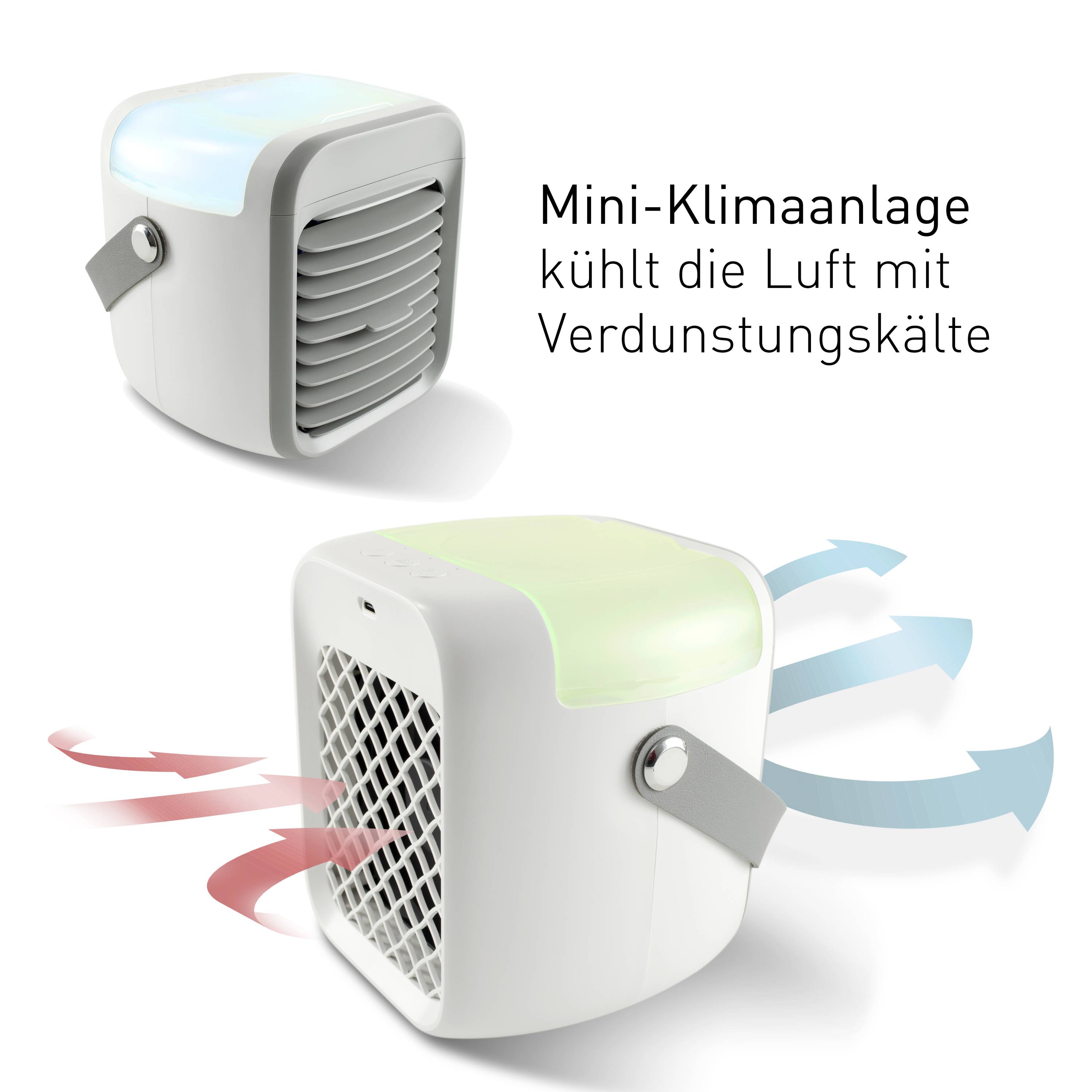 Kompakte, quadratische Mini-Klimaanlage mit Ventilator. Kühlt durch Verdunstungskälte. Pfeile zeigen Luftstrom an.