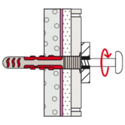'Illustration einer Wanddübel, die in eine Wand geschraubt wird, wobei der Expansionsmechanismus im Inneren für sichere Befestigung gezeigt wird.'
