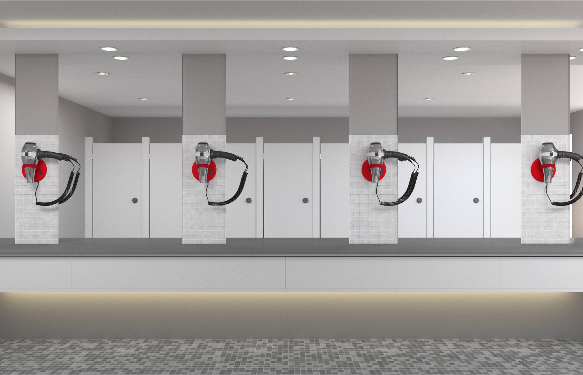 Ein öffentliches Badezimmer mit mehreren Kabinen, jede mit einem roten Reinigungsgerät, das an der Trennwand befestigt ist, das die Reinigungstechnologie betont.