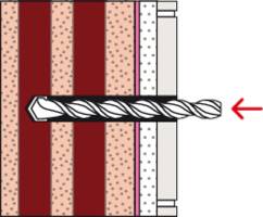Querschnittsdiagramm, das einen Bohrer zeigt, der durch Schichten aus braunem und rosa Material eindringt, mit einem roten Pfeil, der die Bohrrichtung anzeigt.