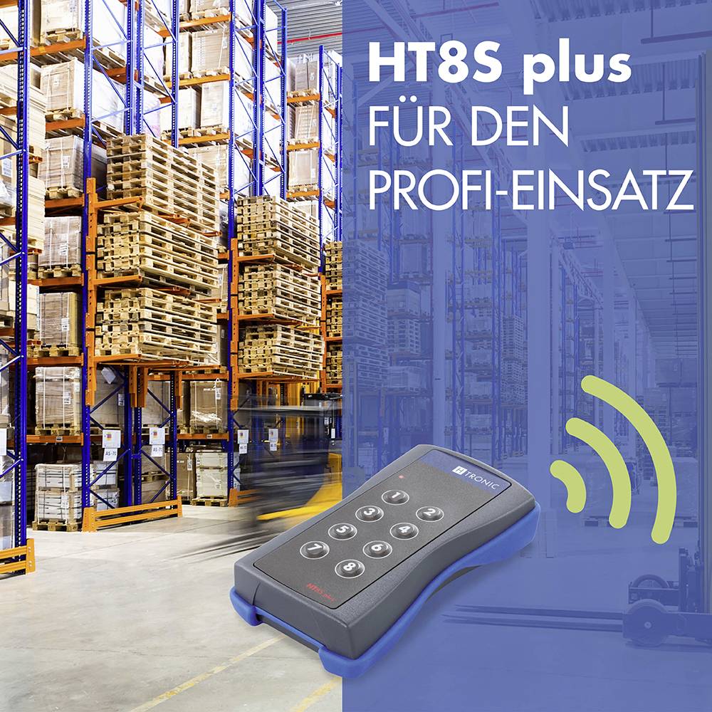 'Hochlager mit gestapelten Paletten auf Regalen. Im Vordergrund ein Funkgerät. Text: HT8S plus für den Profi-Einsatz.'