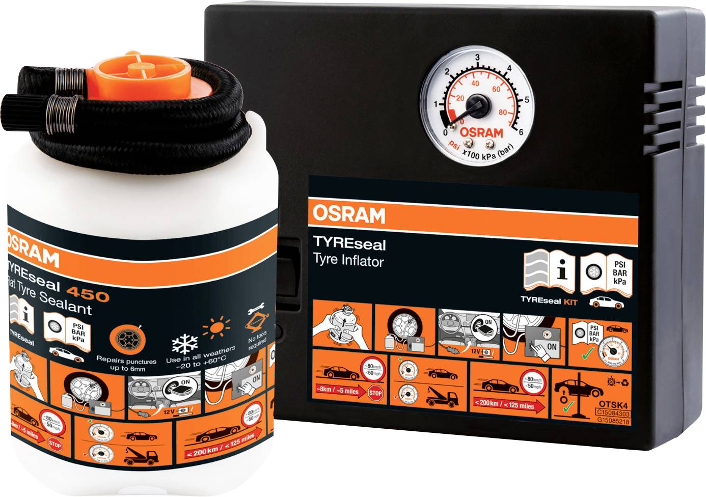 'Reifenreparaturset von OSRAM, beinhaltet einen Reifendichtmittelbehälter und einen Reifenaufbläser mit Manometer, Symbolen und Anweisungen.'