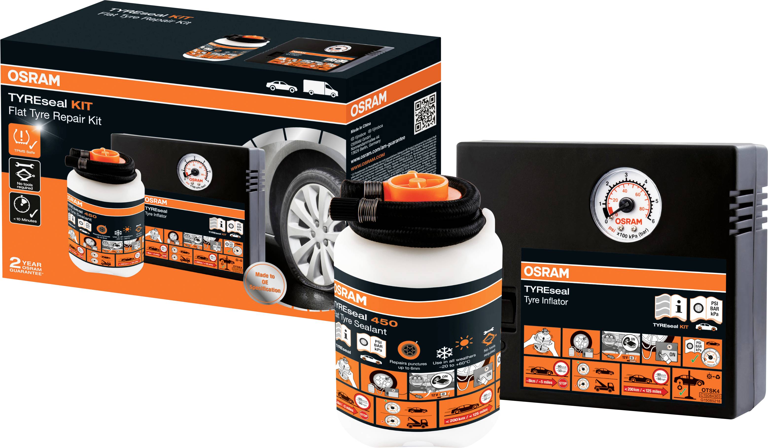 'Reifenreparaturset Osram TYREseal mit Kompressor und Dichtstoff' zeigt alle Komponenten und Symbole zur Anwendung am Fahrzeug.