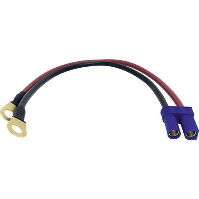 Batteriekabel-Set mit zwei Kabeln: ein rotes, ein schwarzes, beide mit Ringklemmen an einem Ende und blauen Steckverbindern am anderen.