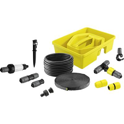 Gartenbewässerungsset mit gelbem Behälter, schwarzem Schlauch und grauen sowie gelben Anschlüssen, für effiziente Gartenpflege.