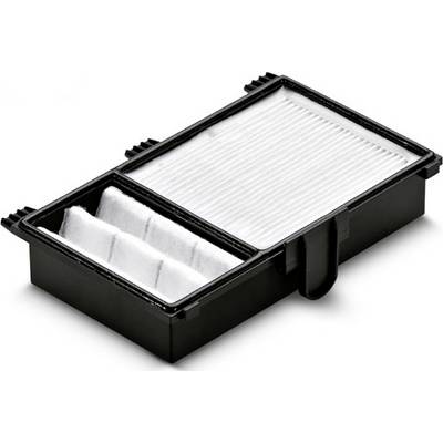 'Schwarzes Filtergehäuse mit zwei Fächern, eines mit Wellfilter, das andere mit einer Stoffschicht. Es scheint für Luftreinigung gedacht.'