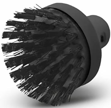 Runde schwarze Bürstenaufsatz mit steifen Borsten, geeignet für gründliche Reinigung.