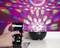 Eine bunte Lampe projiziert Muster an die Wand. Eine Person bedient ein Smartphone.