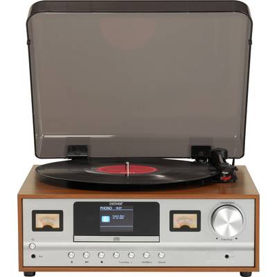 Plattenspieler in Holzoptik mit aufgelegter Schallplatte und geöffneter Staubabdeckung. Ein Display mit Anzeige 'PHONO' leuchtet vorne.