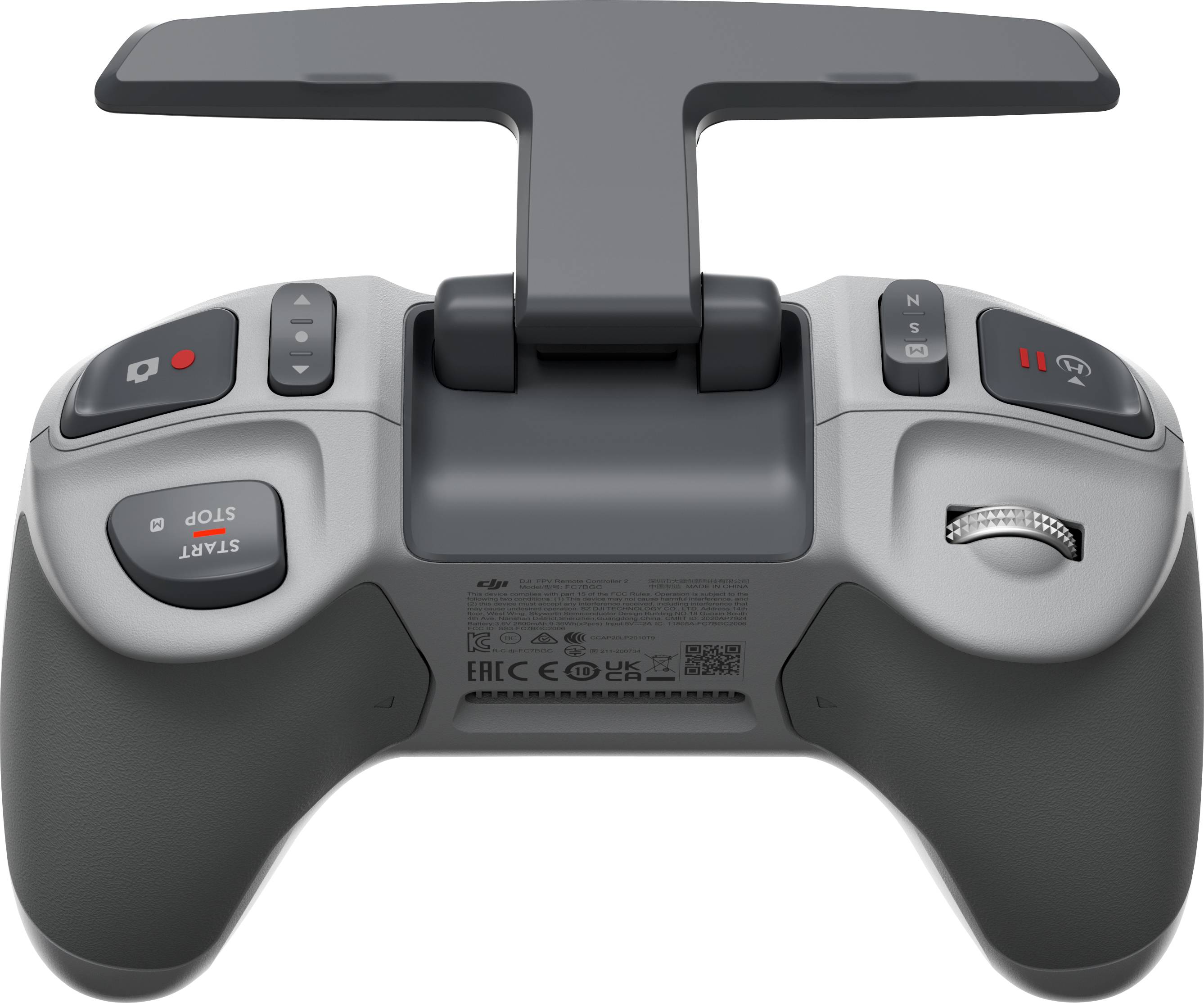 Eine graue Drohnen-Fernbedienung mit zwei Joysticks, mehreren Tasten und einem Bildschirmhalter. Geeignet für präzise Steuerung.