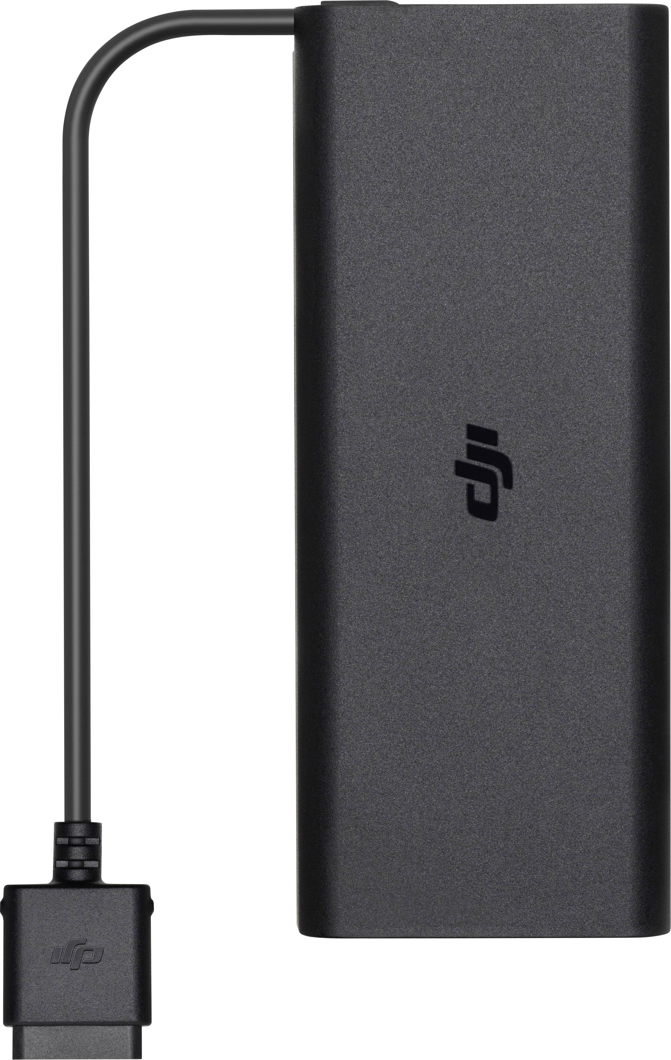 Ein schwarzes Ladegerät mit Kabel und rechteckigem Gehäuse, das Markenlogo darauf. Es dient zum Aufladen von Geräten.