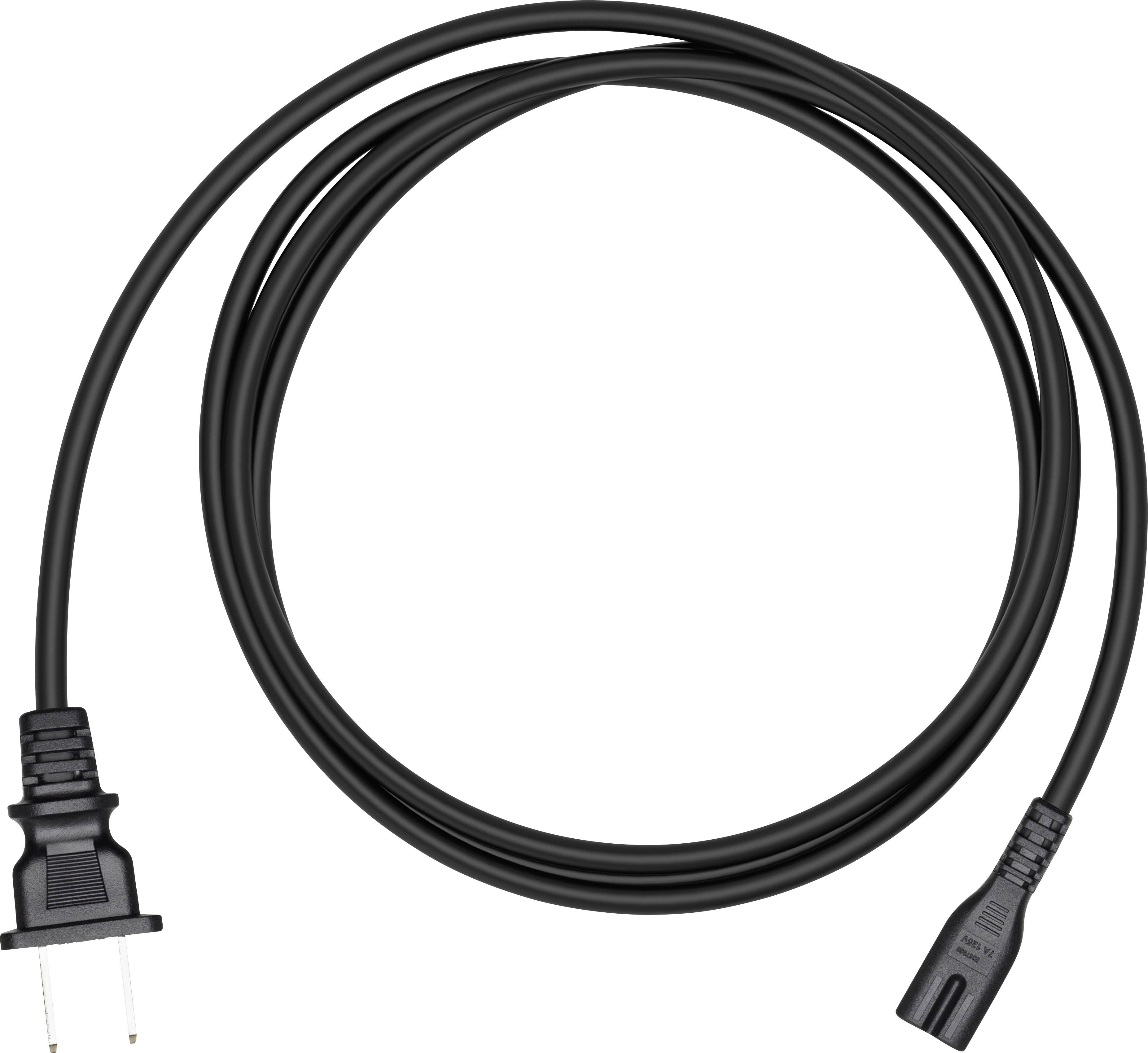 Schwarzes Netzkabel mit zweiadrigem Stecker und passendem Anschluss, aufgerollt in einer Kreisform. Geeignet für Elektrogeräte.