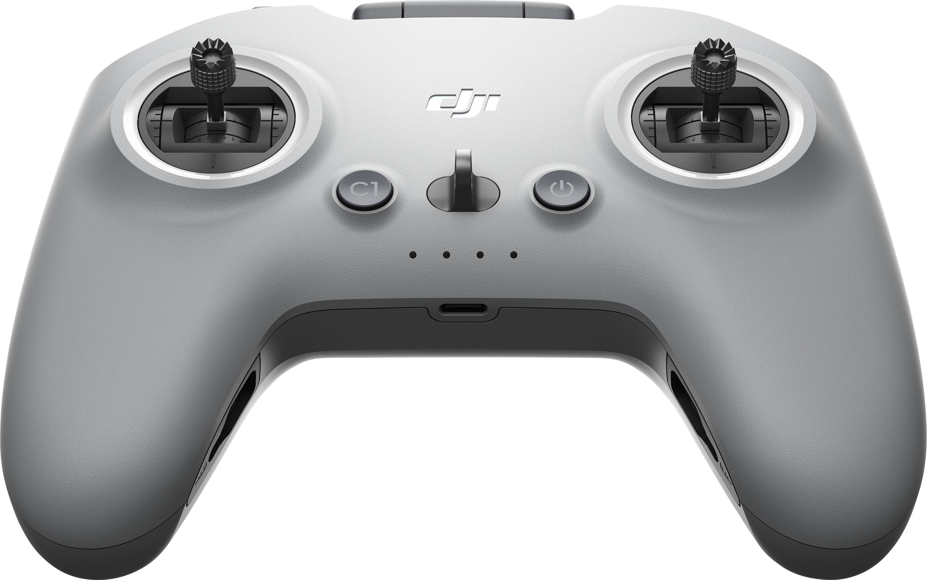 Ein grauer Controller mit zwei Joysticks und Tasten zur Steuerung von Drohnen.