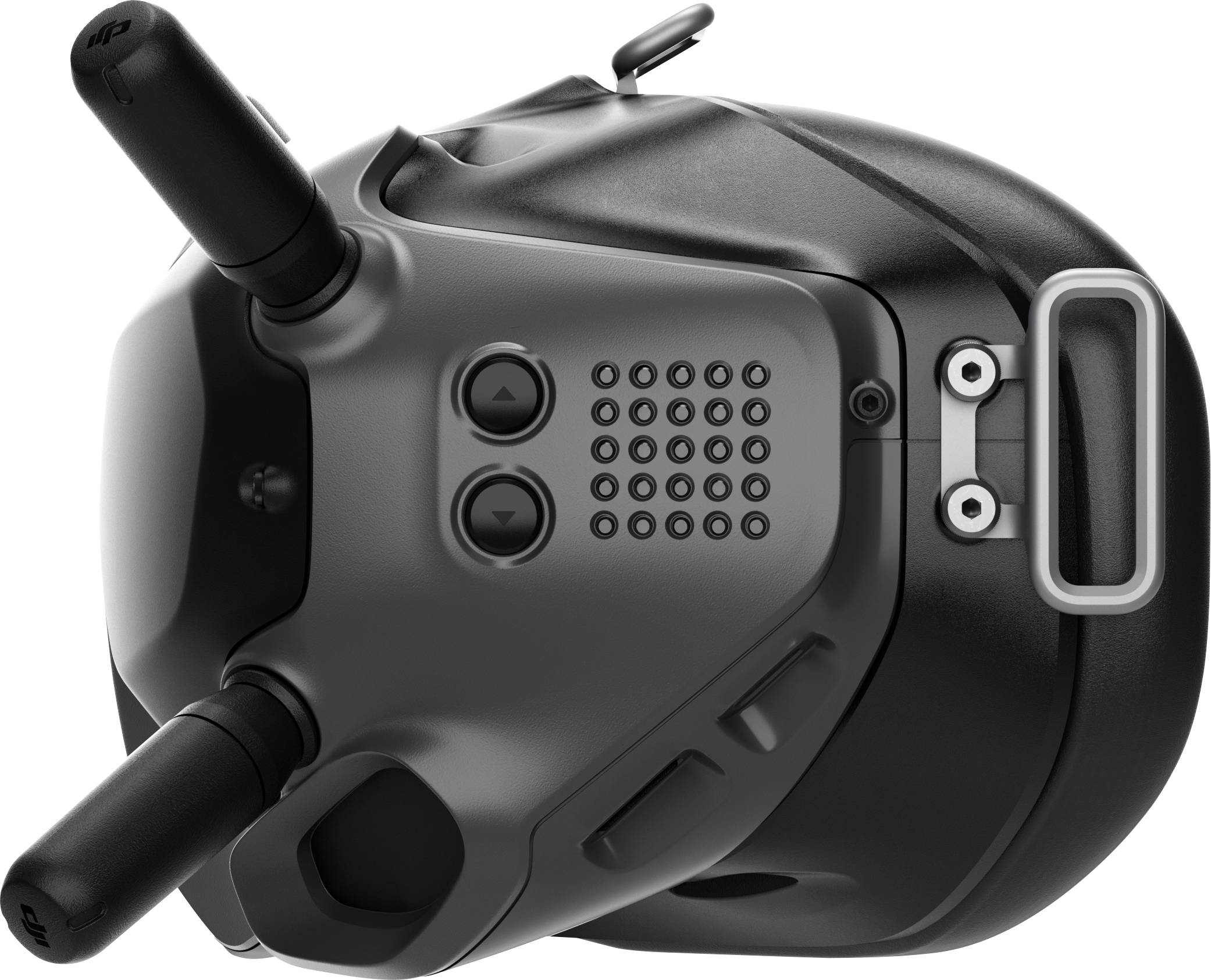 VR-Headset in schwarzer Farbe mit zwei Antennen und mehreren Tasten, seitliche Ansicht.