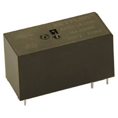 Ein rechteckiges, schwarzes Relais mit vier Metallstiften. Aufschrift zeigt technische Daten: '5 VDC, 10A, 250VAC'.