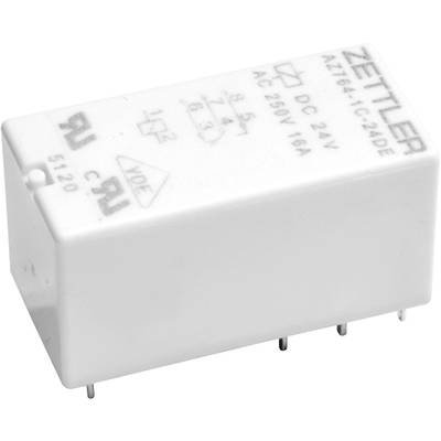Rechteckiges Zettler-Relais mit der Aufschrift 'AZ764-1C-24DE', Spannung 'DC 24V', und Strom 'AC 250V 16A'. Sechs Anschlussstifte sind sichtbar.