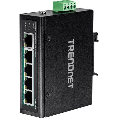 Schwarzer Ethernet-Switch der Marke TRENDnet mit sechs Netzwerkanschlüssen und grünem Anschlussmodul oben. Modell: TI-PG62B.