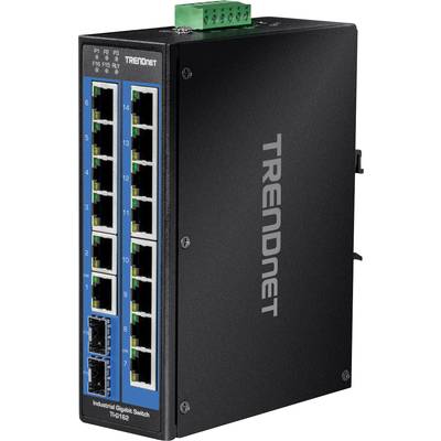Industrie-Gigabit-Switch von TRENDnet mit mehreren Ethernet-Anschlüssen, geeignet für den Einsatz in rauen Umgebungen.