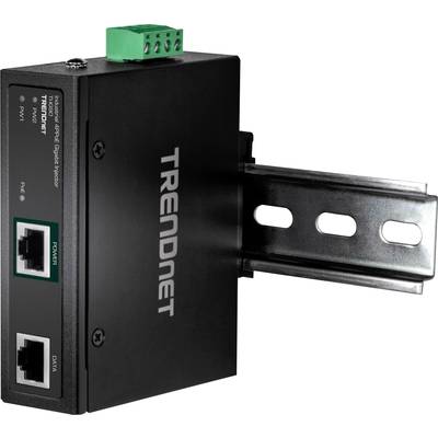 'Industrielles Gigabit-PoE+-Kupfer-zu-Glasfaser-Medienkonverter' von TRENDnet, zur Montage auf einer DIN-Schiene geeignet.