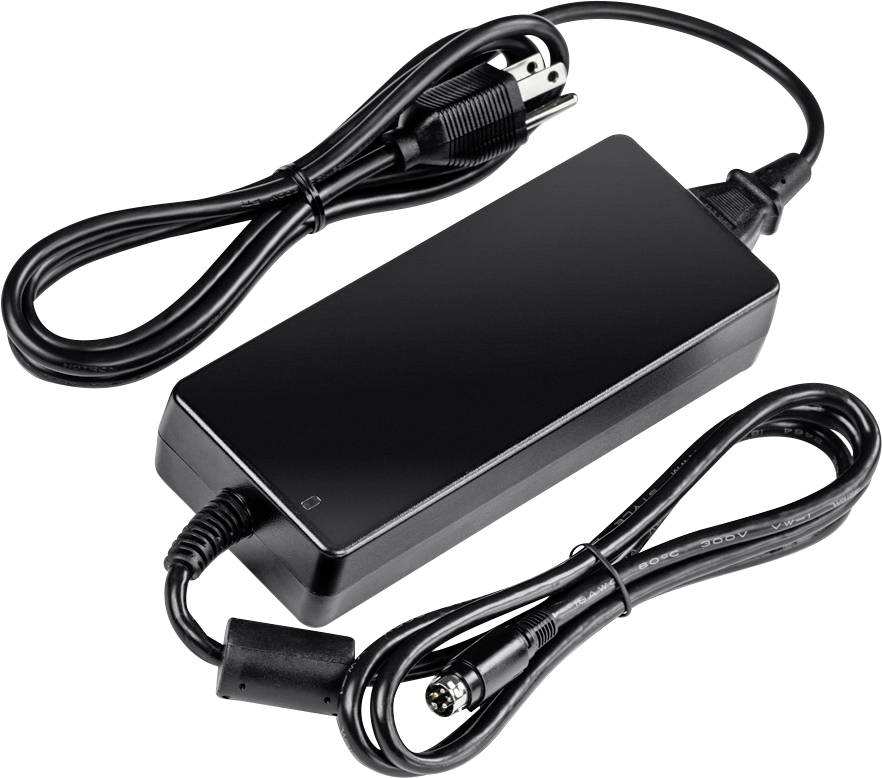 Schwarzes Laptop-Netzteil mit Kabeln, eines mit Stromstecker und das andere mit einem runden Anschluss für den Laptop.