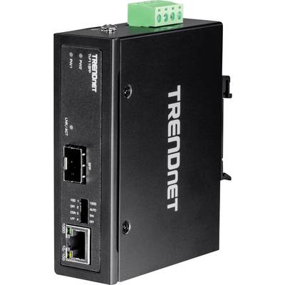 Ein schwarzer TRENDnet Medienkonverter mit Anschlüssen für Ethernet und Glasfaser, geeignet für industrielle Netzwerke.