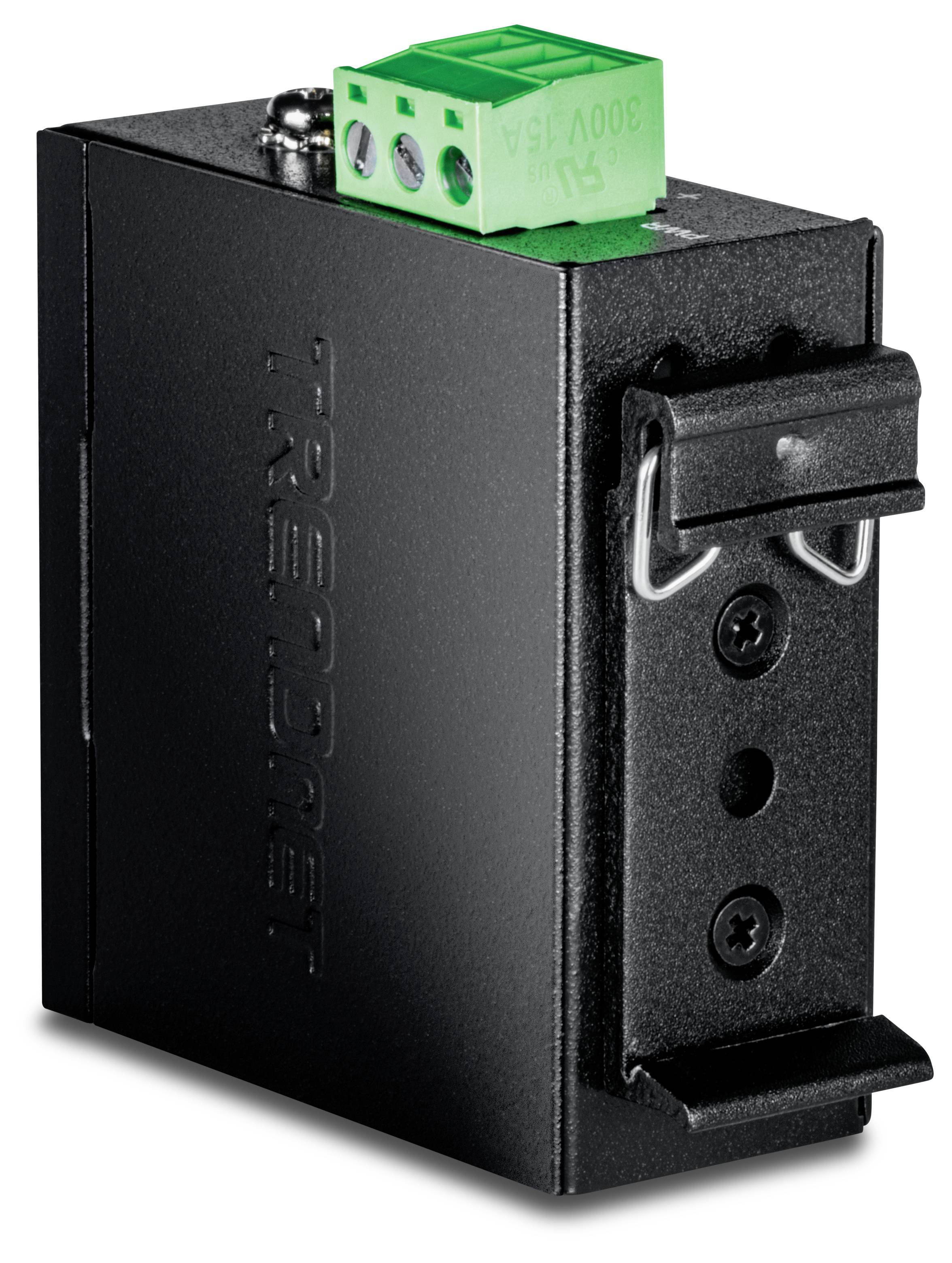 Schwarzes rechteckiges elektronisches Modul mit einer grünen 3-poligen Schraubklemmleiste oben und seitlicher Befestigungsklammer, dargestellt auf weißem Hintergrund.