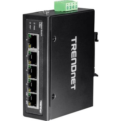 Ein schwarzer TRENDnet Ethernet-Switch mit fünf Anschlüssen und grüner Stromanschlussstelle, geeignet für industrielle Anwendungen.
