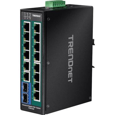 'Schwarzer, rechteckiger TRENDnet Industrial Gigabit PoE+ Switch mit 12 Ethernet-Ports, zwei SFP-Steckplätzen und grünem Stecker oben.'
