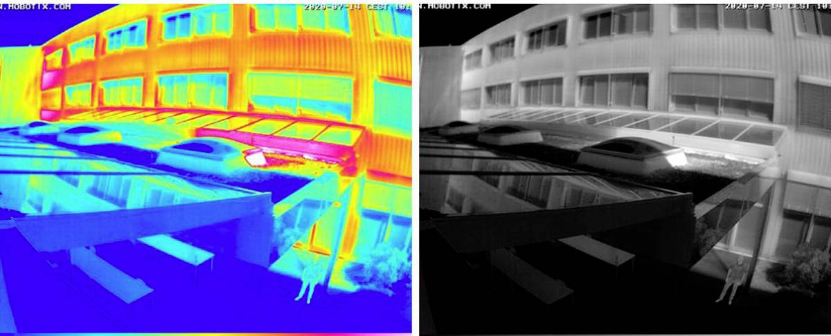 Zwei Bilder eines Gebäudes: Links ein Wärmebild mit Farbdarstellung, rechts ein Schwarzweißbild. Das Wärmebild zeigt höhere Temperaturen in Rot und Gelb, kältere in Blau.