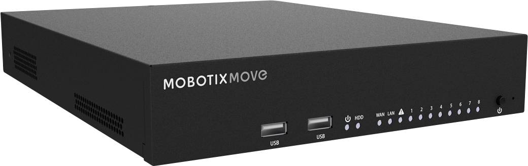 Ein schwarzer Netzwerkrekorder mit der Aufschrift 'Mobotix Move'. Vorne befinden sich USB-Anschlüsse und Statusanzeigen.