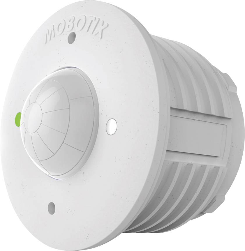 Weißer, runder Deckenbewegungsmelder von MOBOTIX mit gewölbtem Sensor in der Mitte und grünem LED-Licht an der Seite.