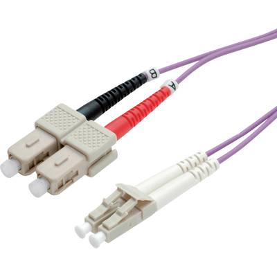 Glasfaserkabel mit einem SC-Stecker (beige) und einem LC-Stecker (weiß) an jeweils einem Ende, verwendet für optische Datenübertragung.