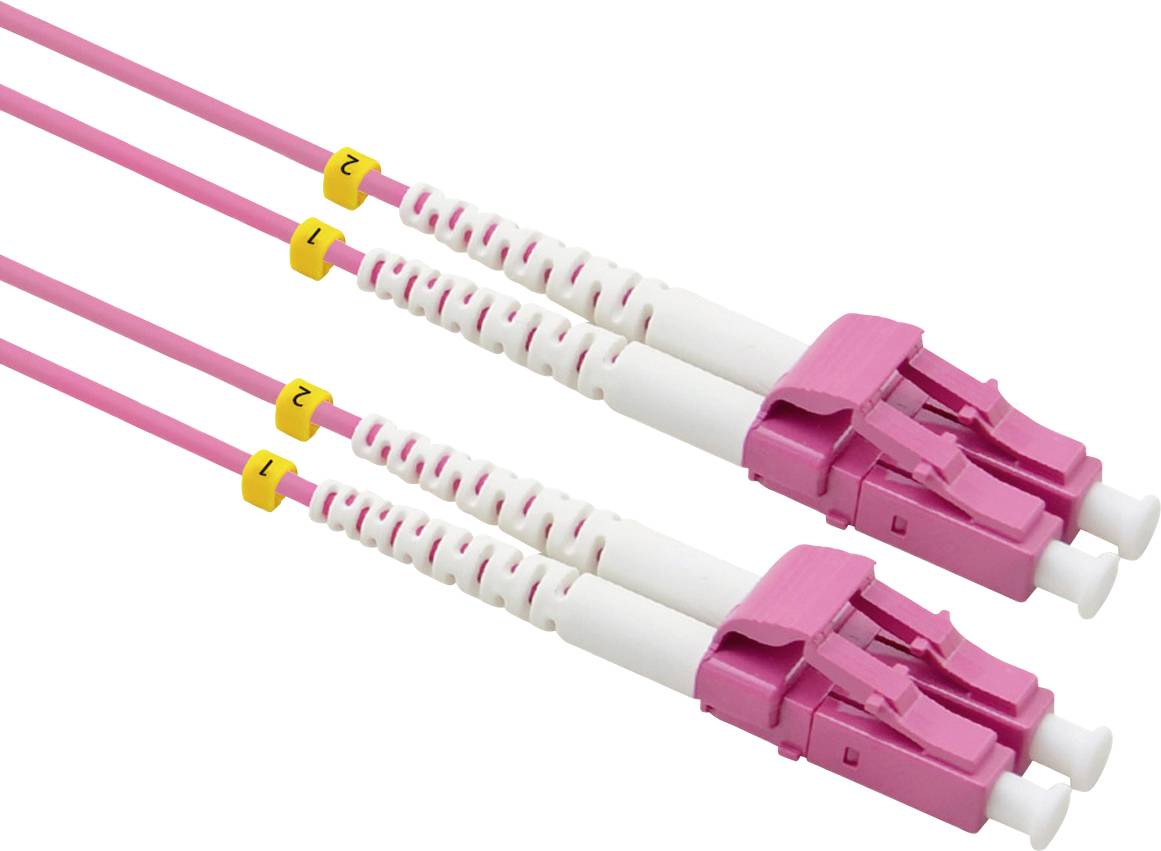 'Zwei rosa Glasfaserkabel mit weißen und rosa Steckverbindern, gekennzeichnet mit gelben Ringen mit den Nummern 1 und 2.'