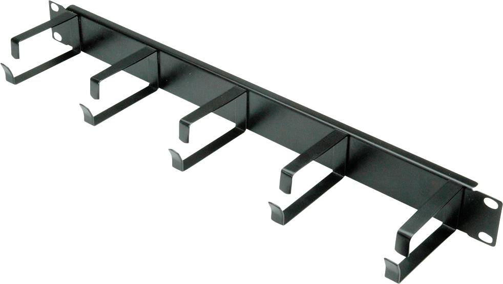 Ungenutzte Kabelmanager-Bügel aus Metall mit mehreren Armen zur Organisation von Kabeln in einem Rack oder Schrank.