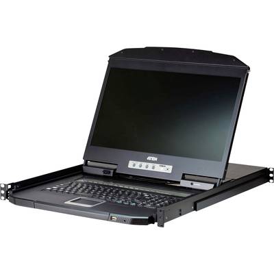 Ein Rackmount-KVM mit aufgeklapptem Monitor zeigt Knöpfe und einen Bildschirm. Dient zur Verwaltung von Servern in Rechenzentren.