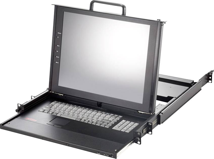 'Ein KVM-Switch mit ausziehbarer Tastatur und Bildschirm, geeignet für Serverräume. Das Gerät ist teilweise geöffnet dargestellt.'