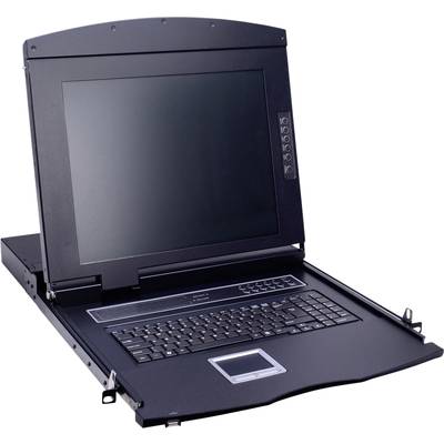 Ein KVM-Switch mit einem integrierten Bildschirm, Tastatur und Touchpad, zusammengeklappt in einem Gehäuse zur platzsparenden Nutzung im Serverraum.