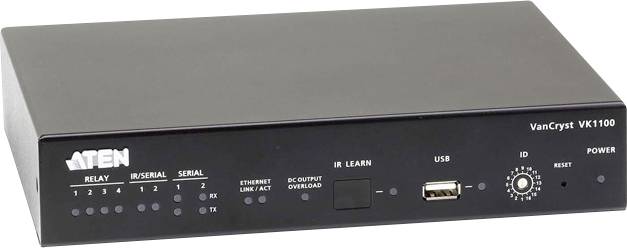 Ein schwarzer Netzwerk-Controller mit mehreren Anschlussports und LED-Anzeigen auf der Vorderseite. Markenlogo 'ATEN' links.