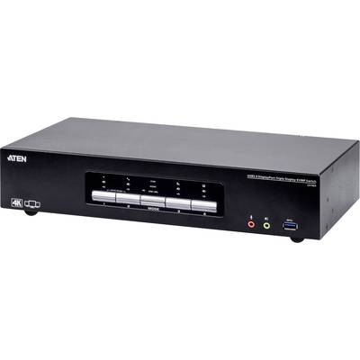 Ein schwarzer KVM-Switch von ATEN mit mehreren Anschlüssen, unterstützt 4K-Auflösung. Vorderseite zeigt Anschlüsse und Bedienknöpfe.