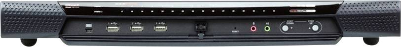 Ein elektronisches Gerät mit fünf USB-Anschlüssen, Audioeingängen, LED-Leuchten und Tasten auf der Vorderseite.
